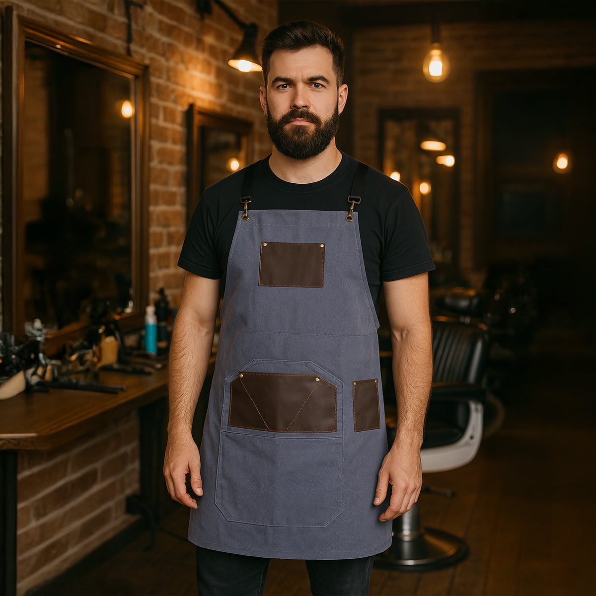 Tablier Barbier Tissu Gris Poche Cuir